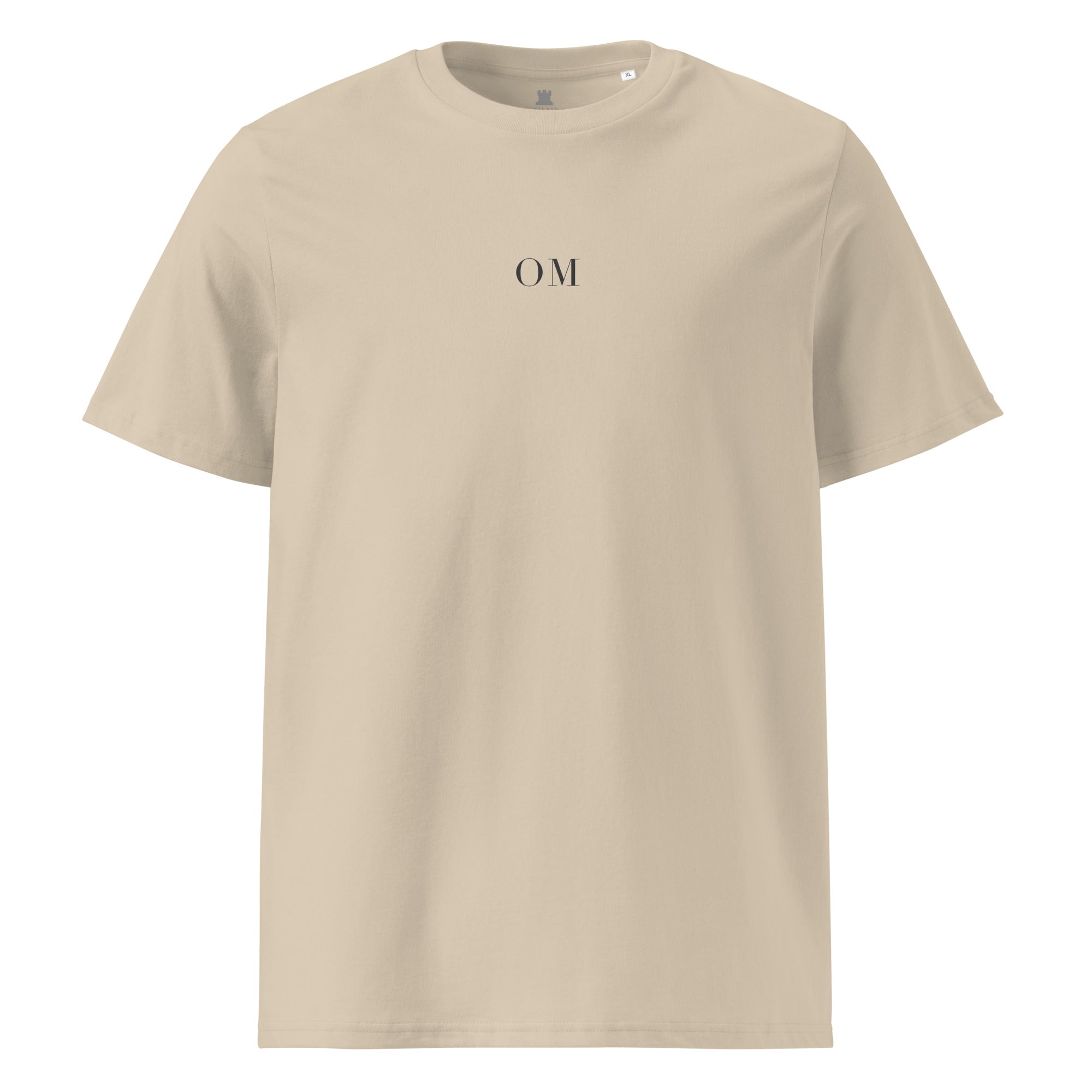 Beige t-shirt with 'OM' text on a white background