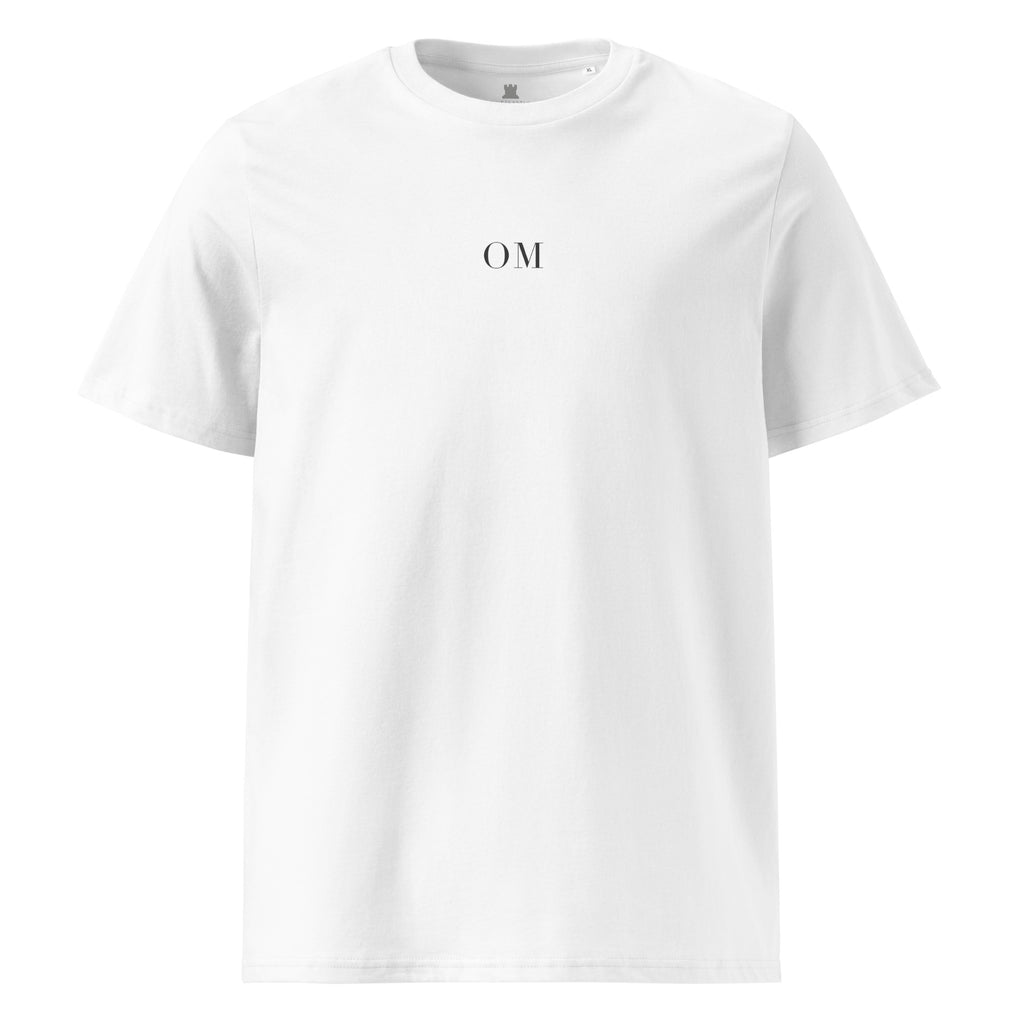 White t-shirt with 'OM' symbol on a white background