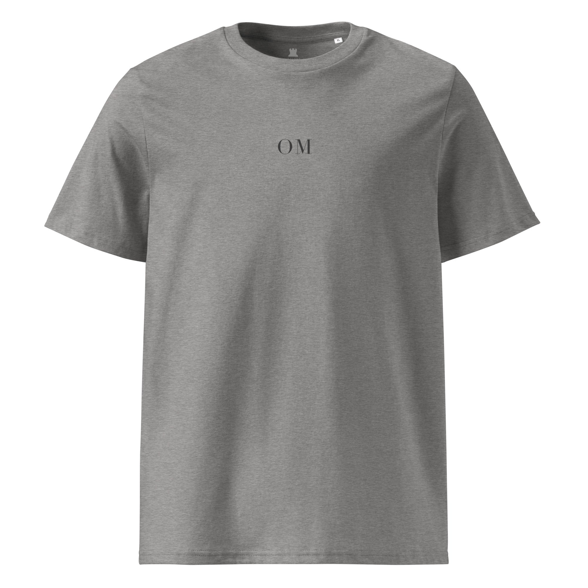 Gray t-shirt with 'OM' logo on a white background