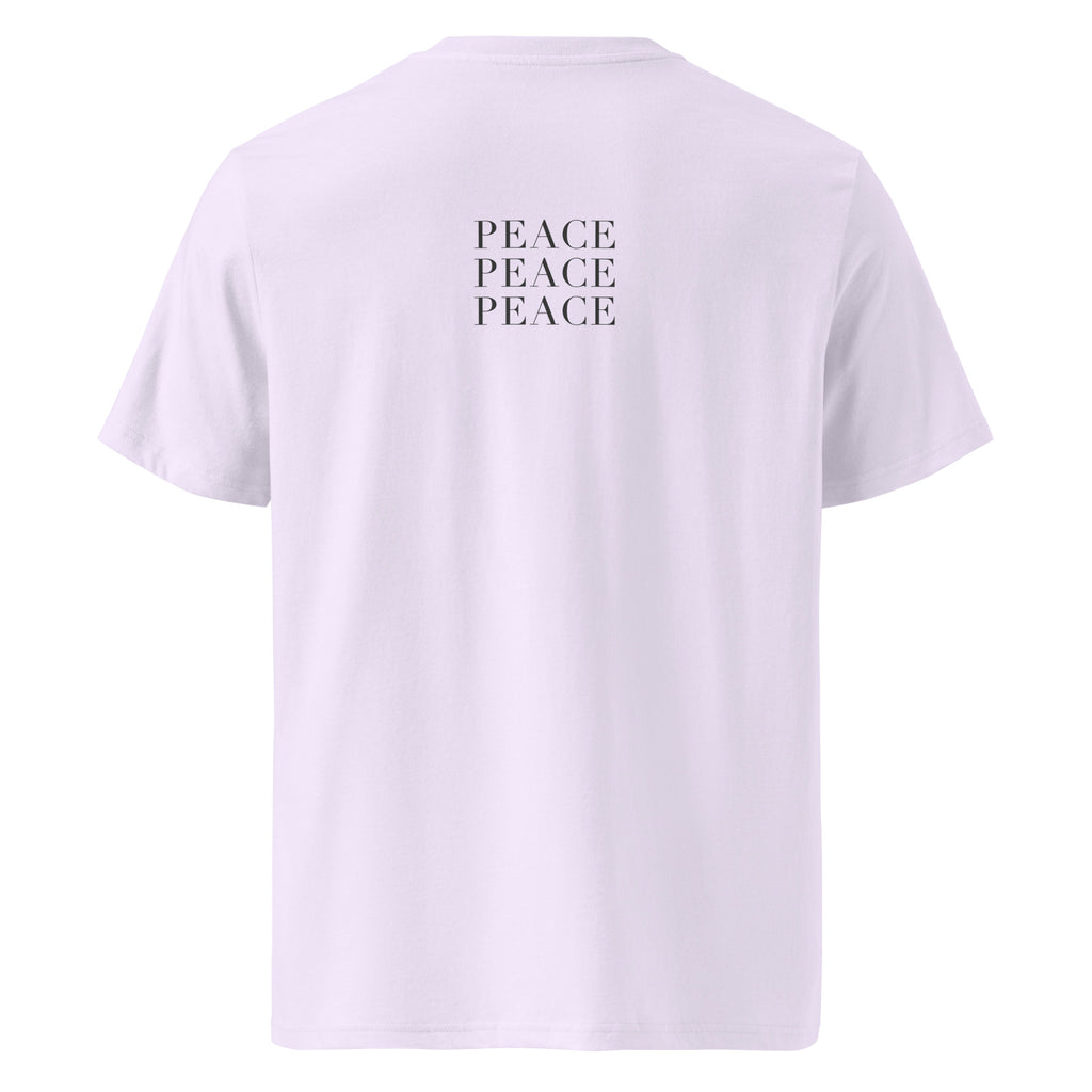 White t-shirt with 'PEACE' text on the back against a white background