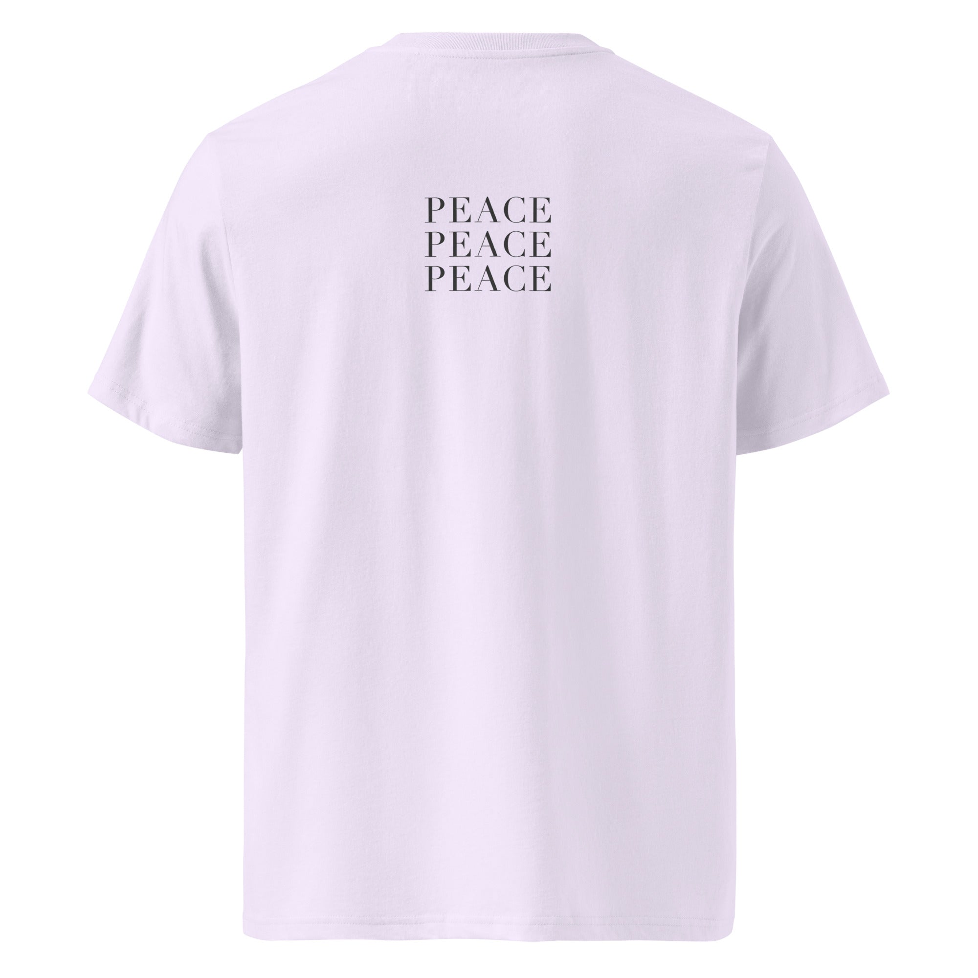 White t-shirt with 'PEACE' text on the back against a white background