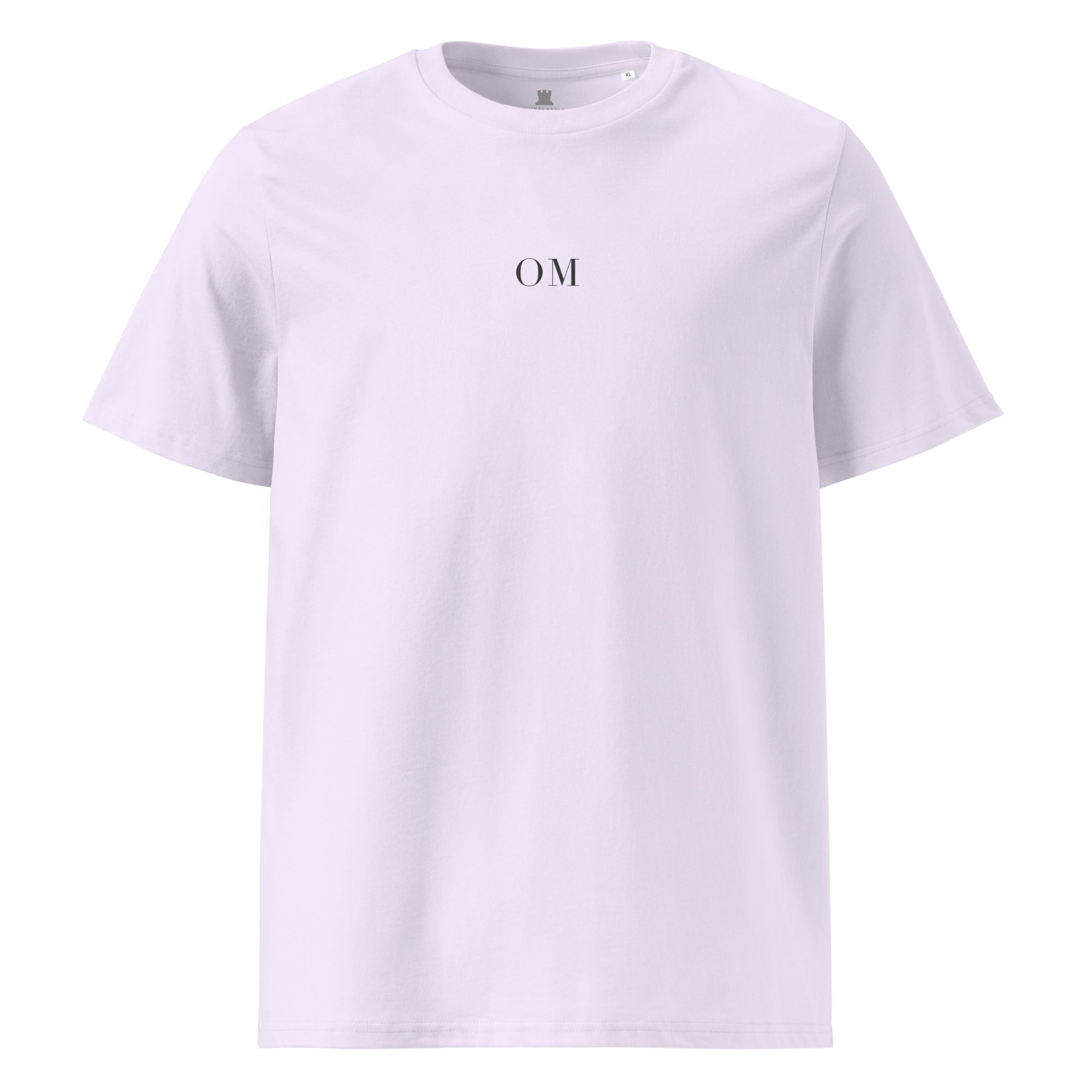 Lavendar t-shirt with 'OM' text on a white background