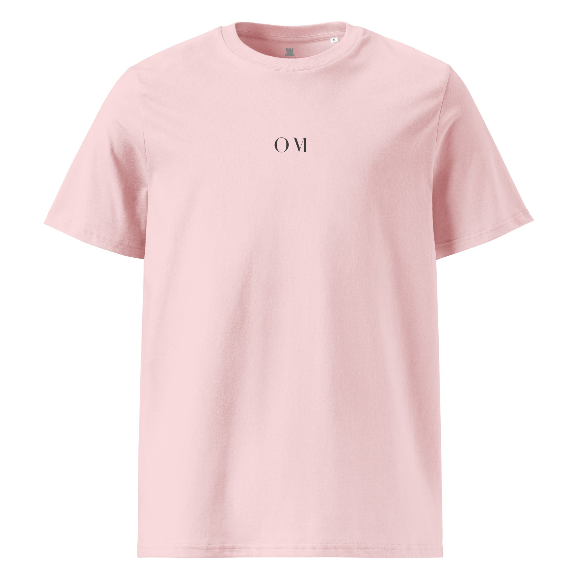 Pink t-shirt with 'OM' text on a white background