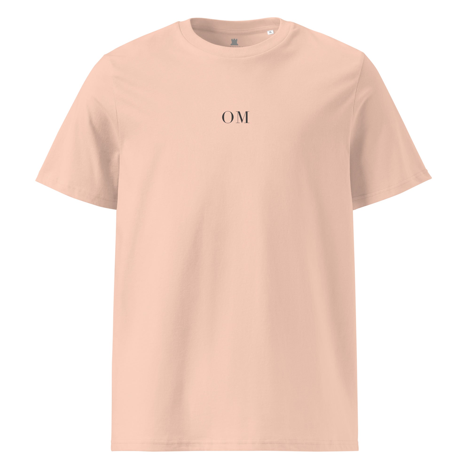 Beige t-shirt with 'OM' text on a white background