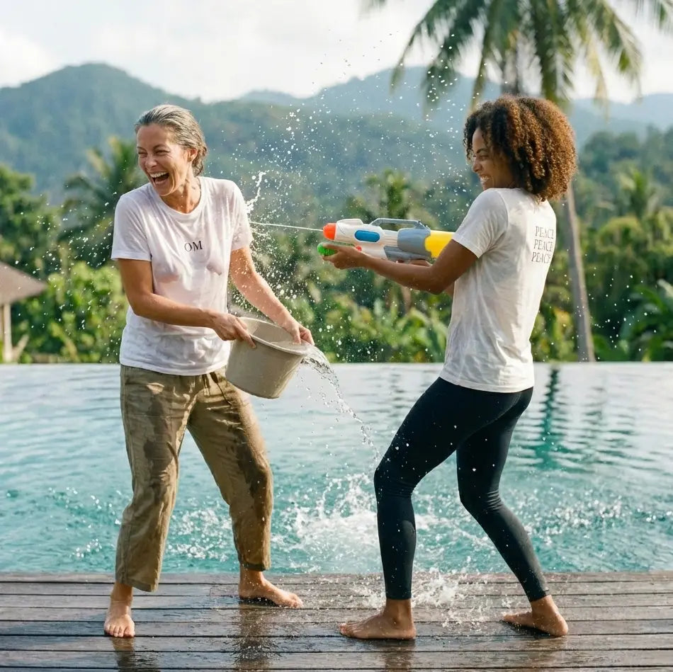 Two people playing with water near a pool with a scenic background