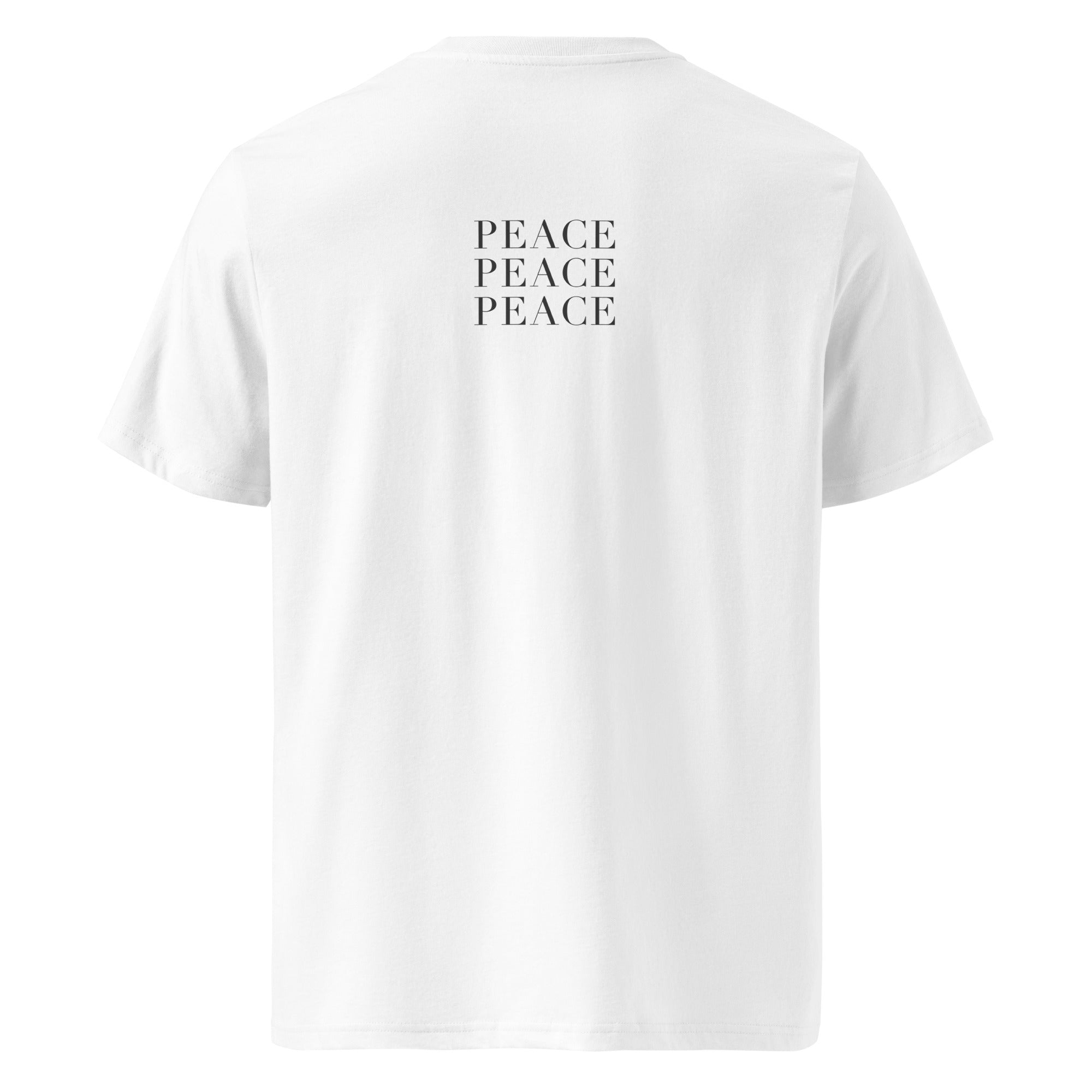 White t-shirt with 'PEACE' text on a white background