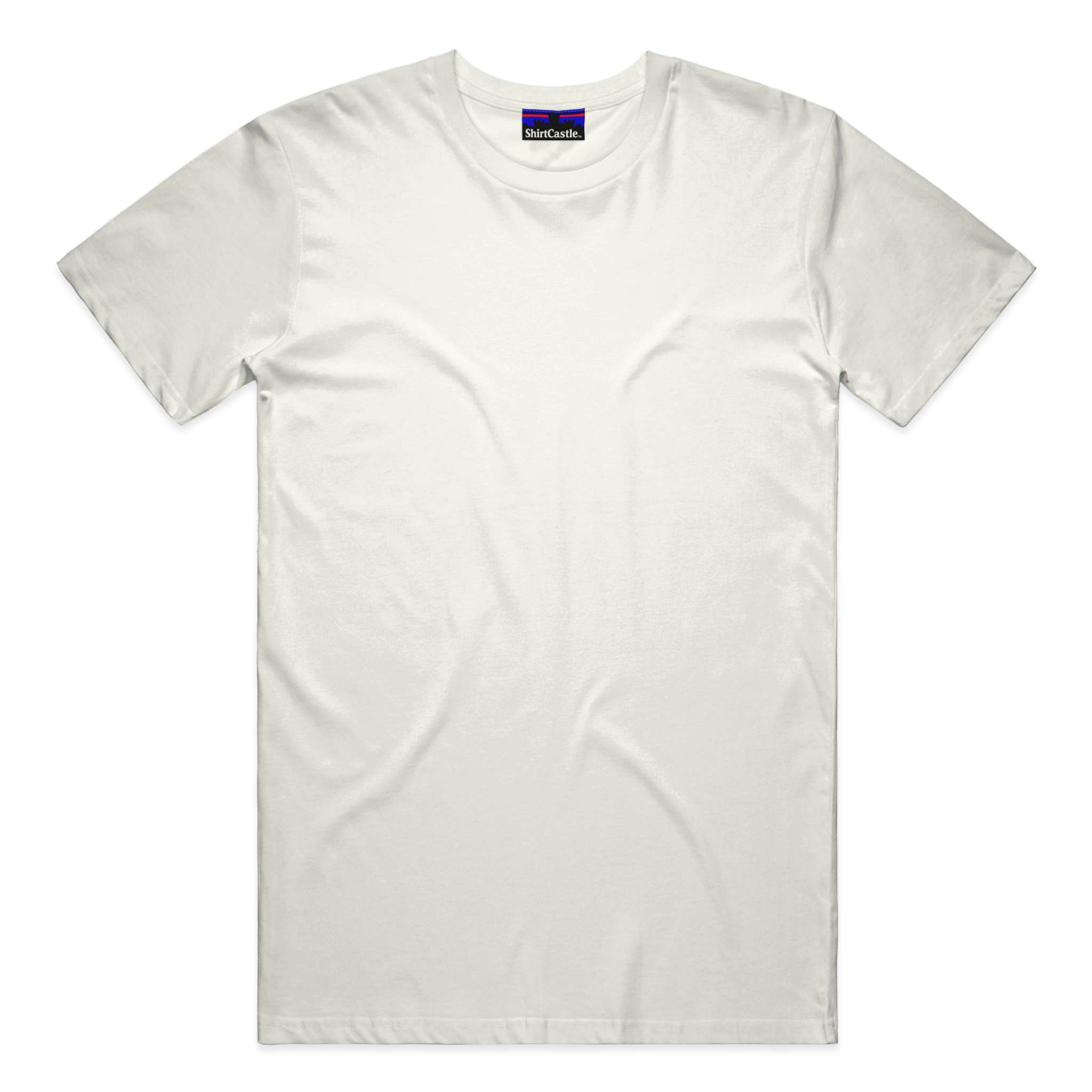 Natural color organic t-shirt with a Shirtcastle woven neck label on a white background