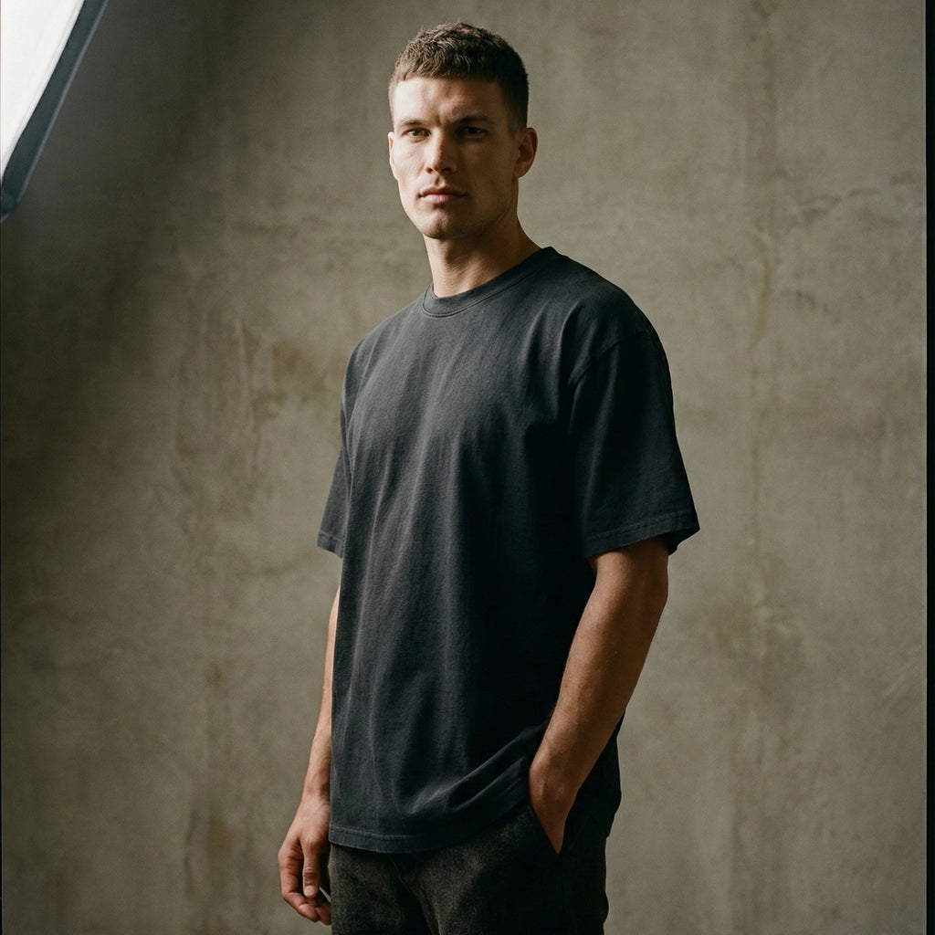 Man wearing a garment-dyed faded black oversized carded-cotton t-shirt against a textured concrete background