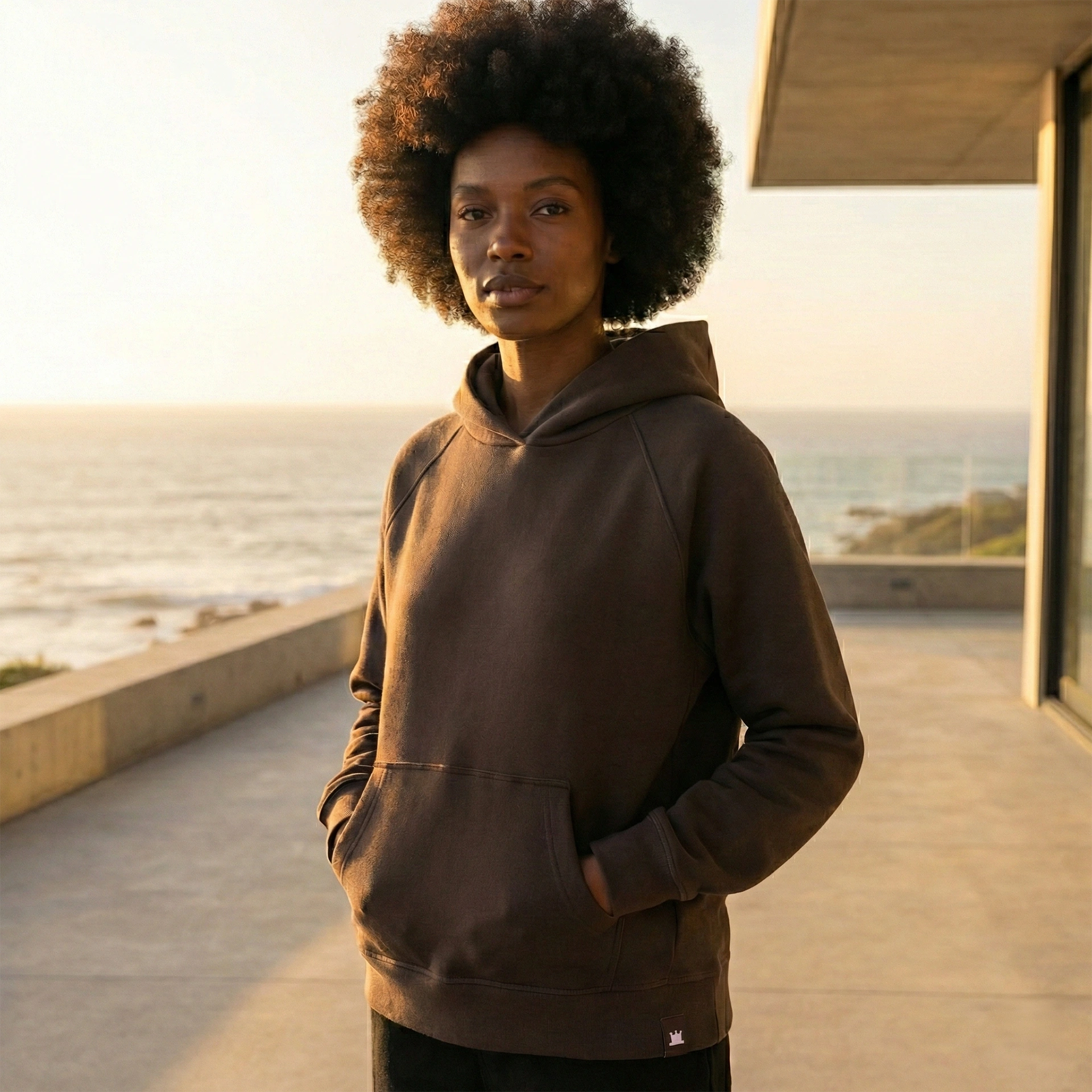 Person wearing a brown hoodie standing on a balcony with a scenic view of water and sky.