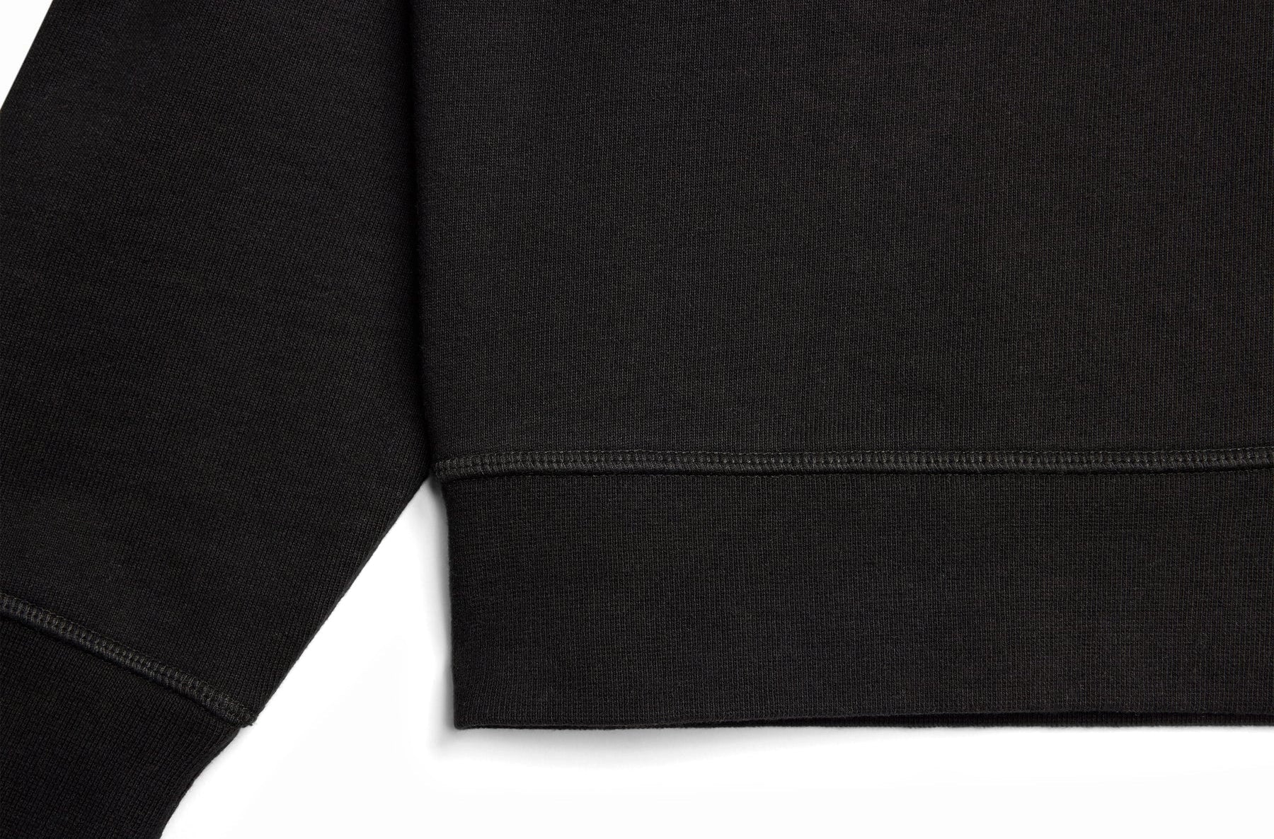 Close-up of a black sweatshirt on a white background