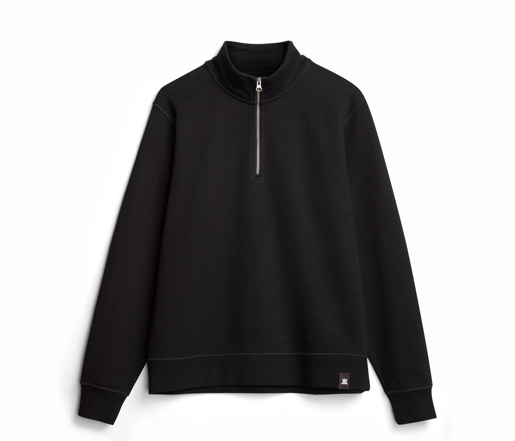 Black quarter-zip sweatshirt on a white background with brown shirtcastle woven hem label