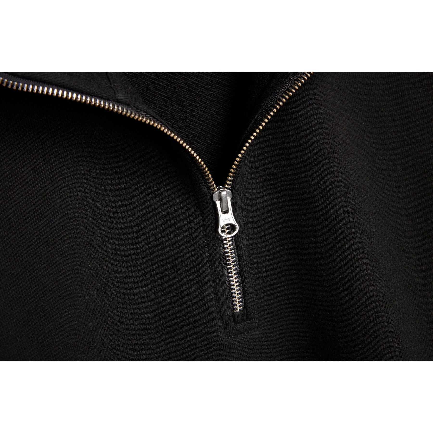 Close-up of a black jacket with a silver zipper on a white background