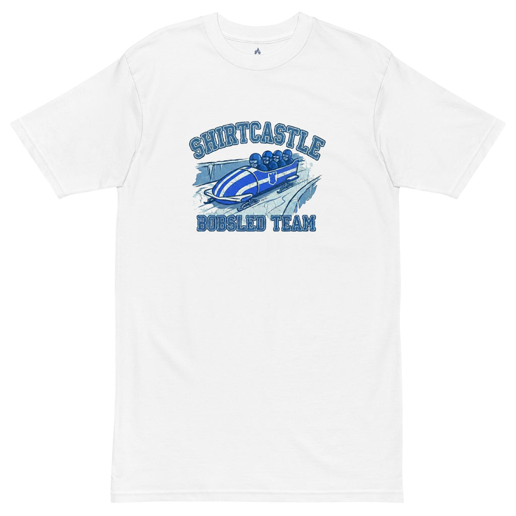 white tee shirt with blue Shirtcastle bobsled themed design on white background