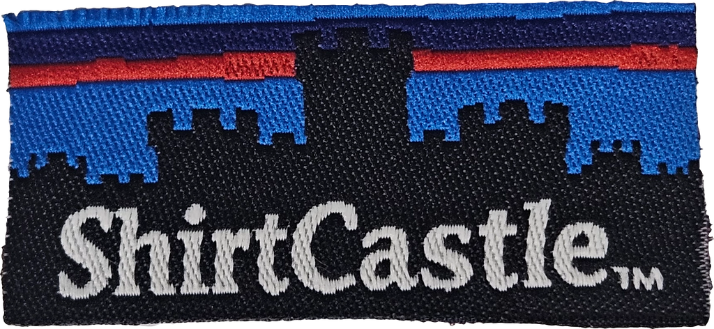 Embroidered patch with 'ShirtCastle' logo on a blue background