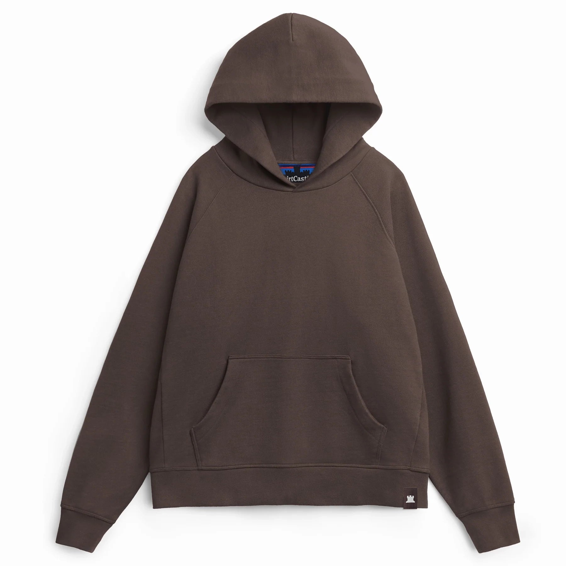 Brown organic heavyweight hoodie with Shirtcastle neck and hem labels on a white background