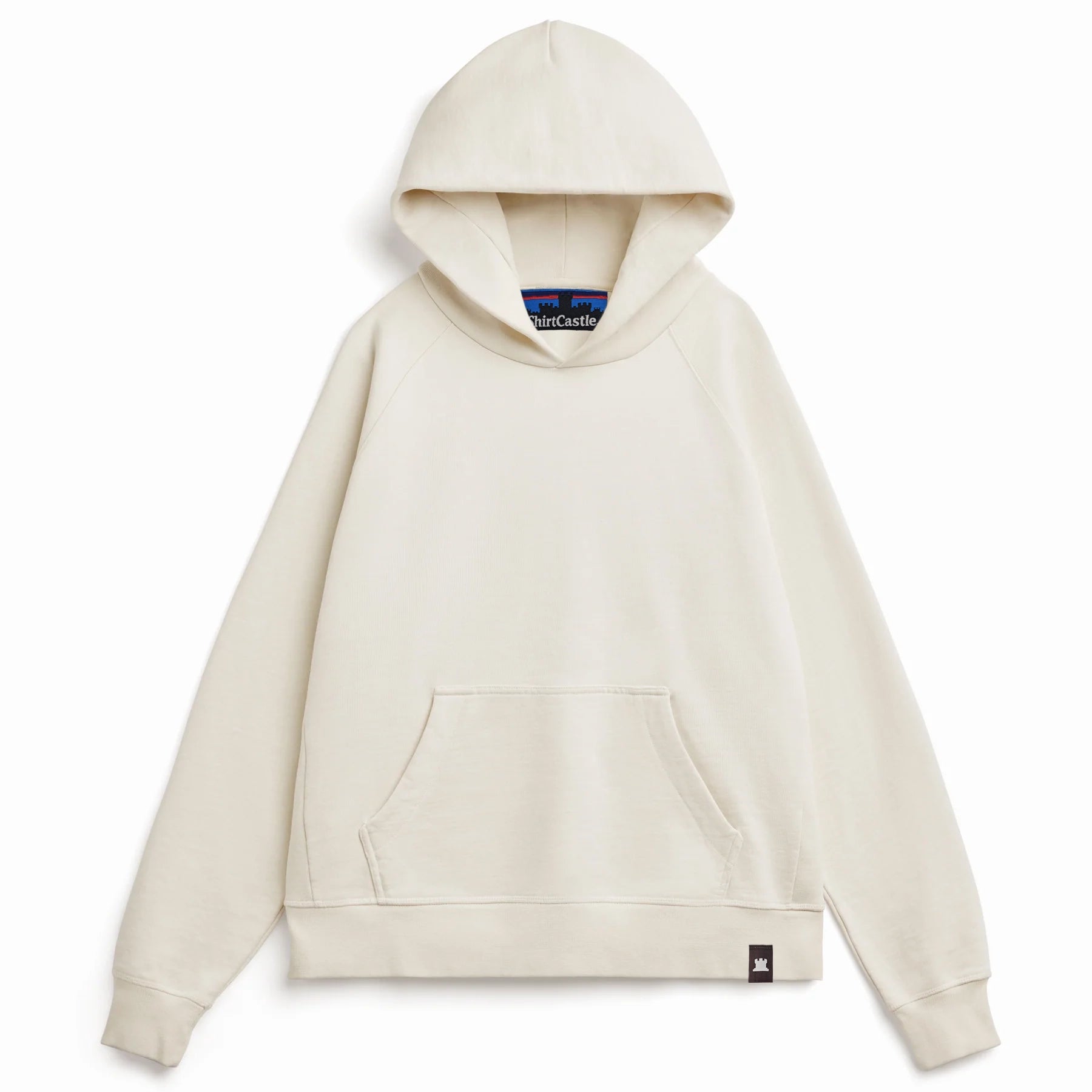 Parchment colored hoodie with a shirtcastle woven neck label on a white background