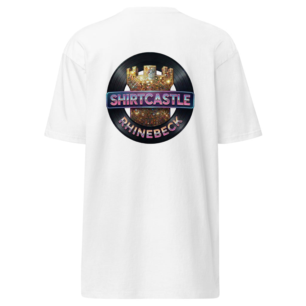 a white 80s fashion graphic tee on a white background