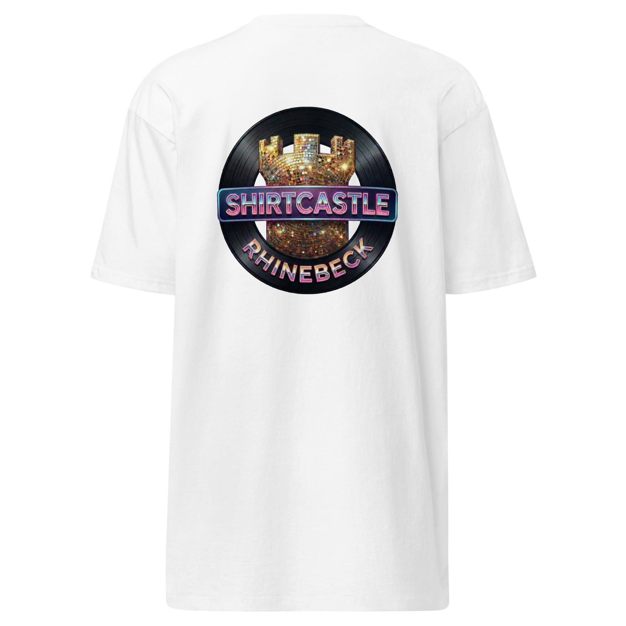 a white 80s fashion graphic tee on a white background