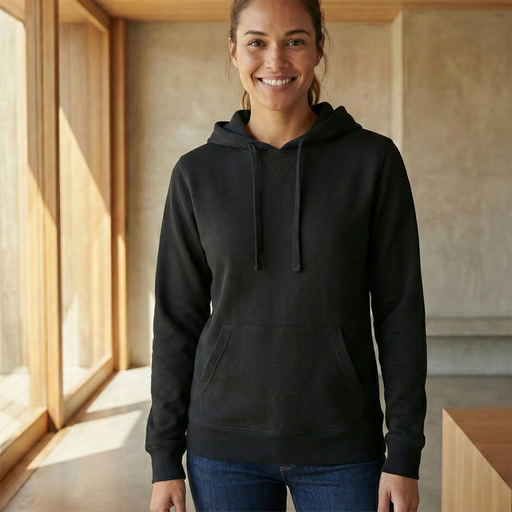 Person wearing a black 281gsm organic cotton hoodie in a bright room with wooden elements