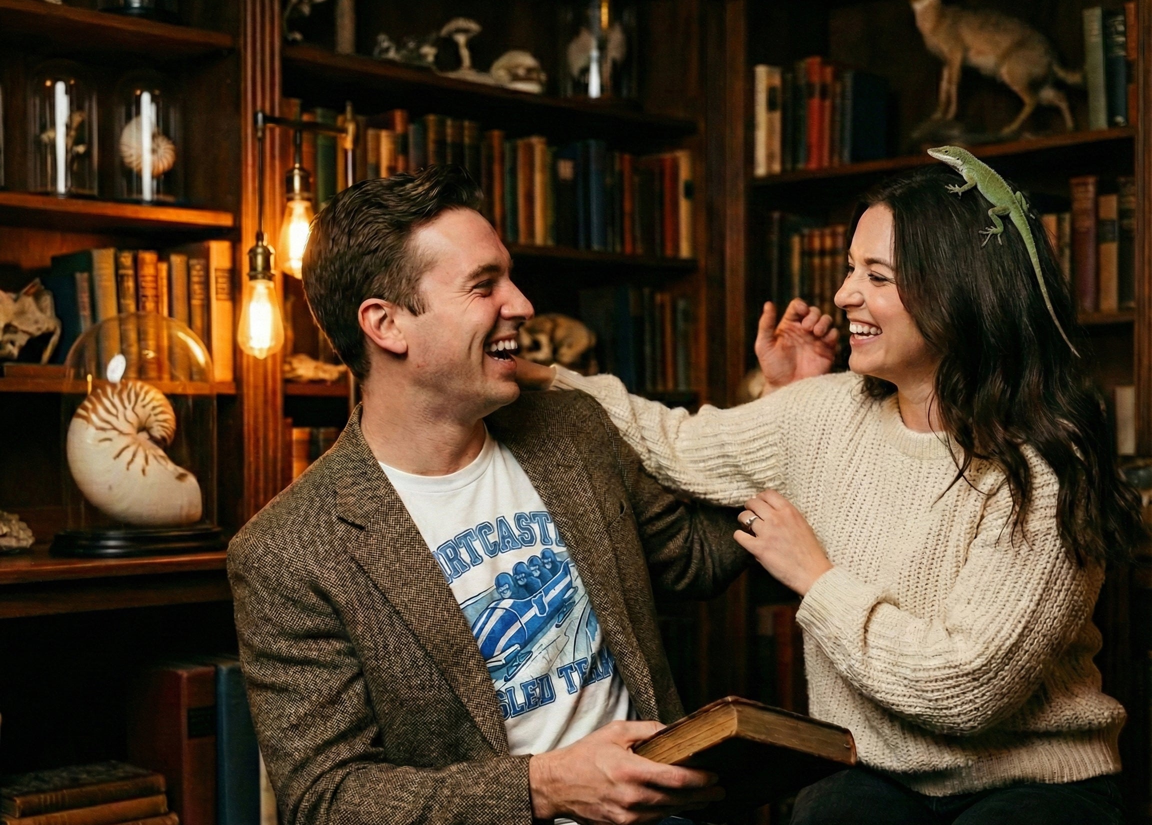 Man and woman sitting together in a cozy antique library with bookshelves and decorative curiosities.