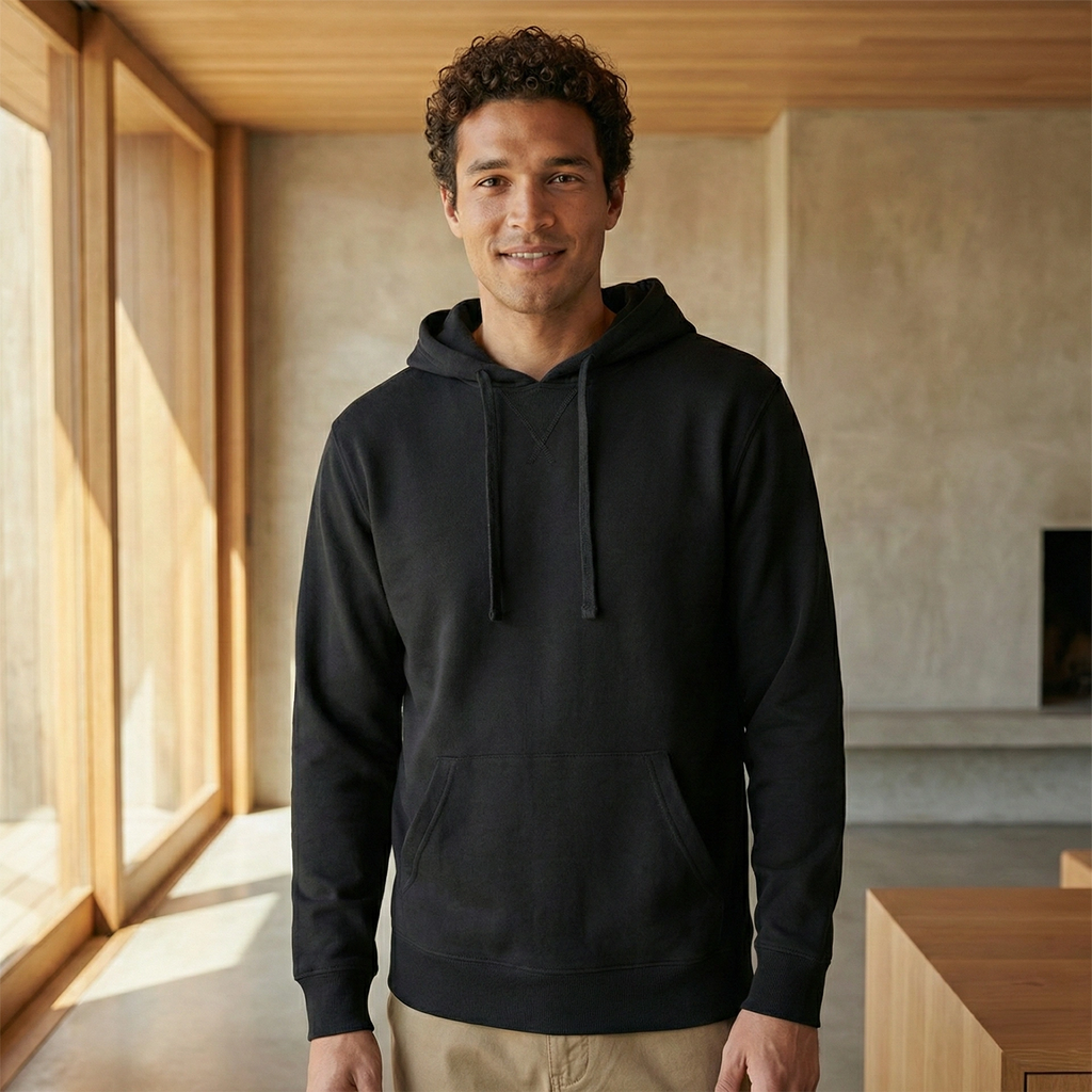 Man wearing a black 281gsm organic cotton hoodie in a modern indoor setting