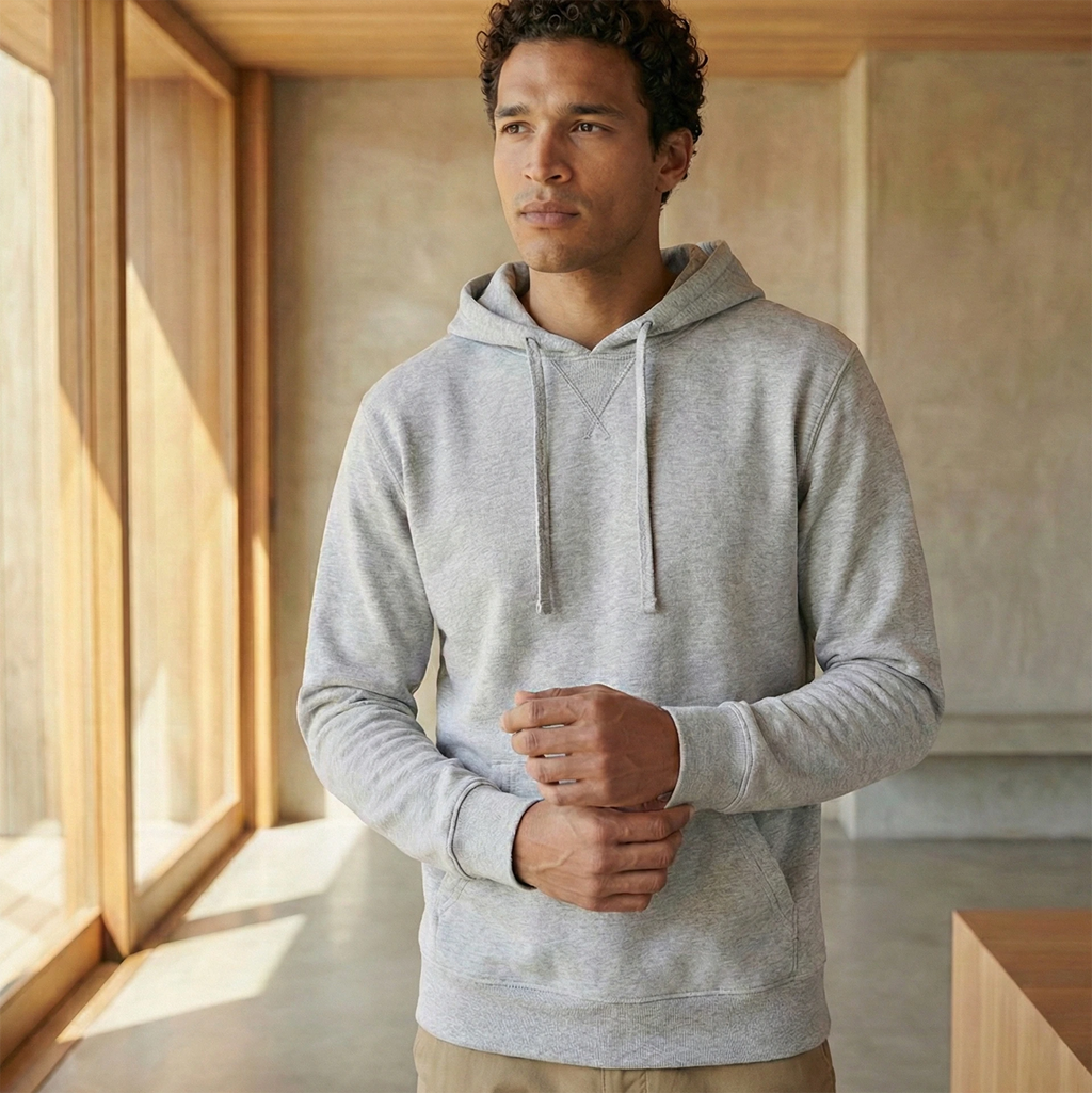 Man wearing a gray 281gsm organic cotton hoodie standing in a room with wooden walls and large windows.