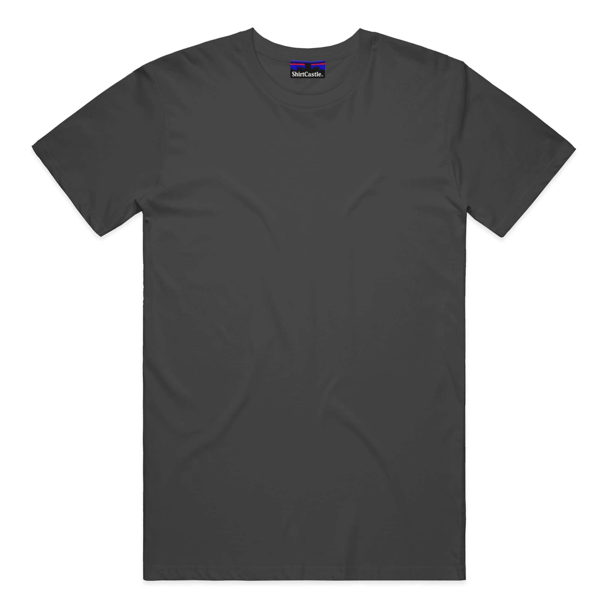 Black t-shirt with a visible brand label on a white background