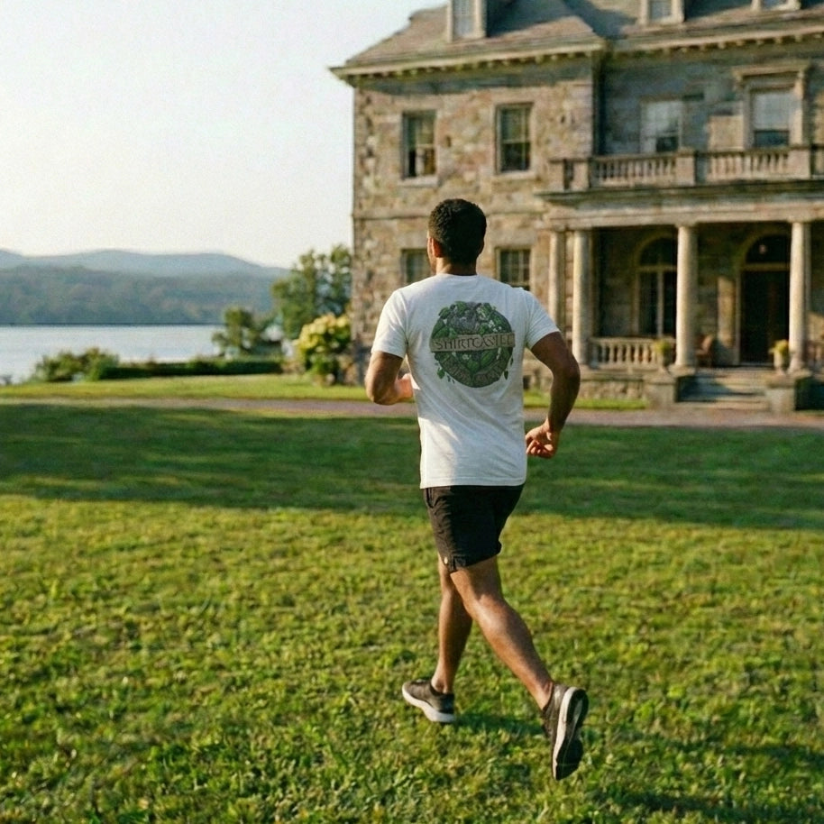 Person running on grass in front of a large stone house with a lake in the background