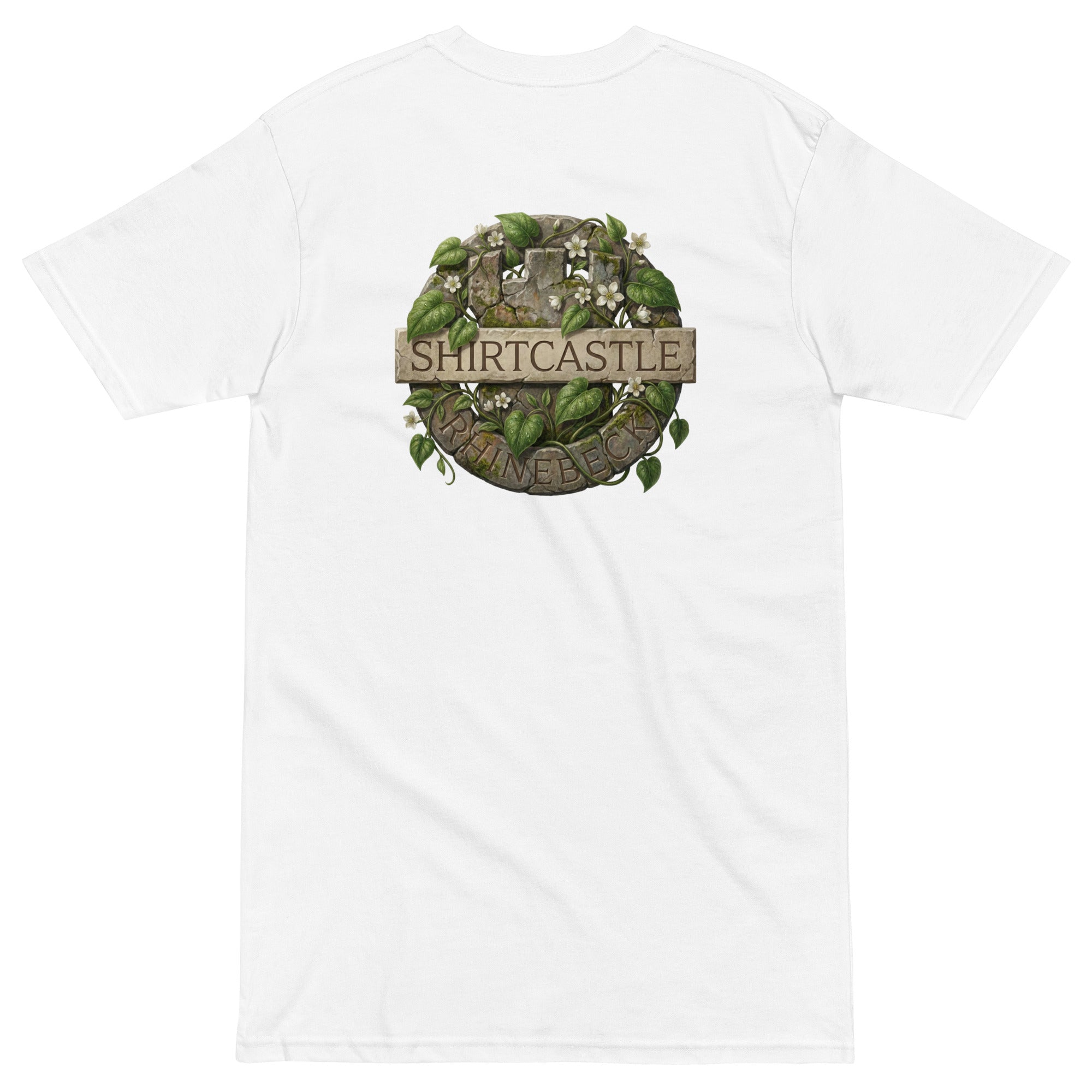 White t-shirt with 'Shirtcastle Rhinebeck' logo featuring a castle and leaves on a white background
