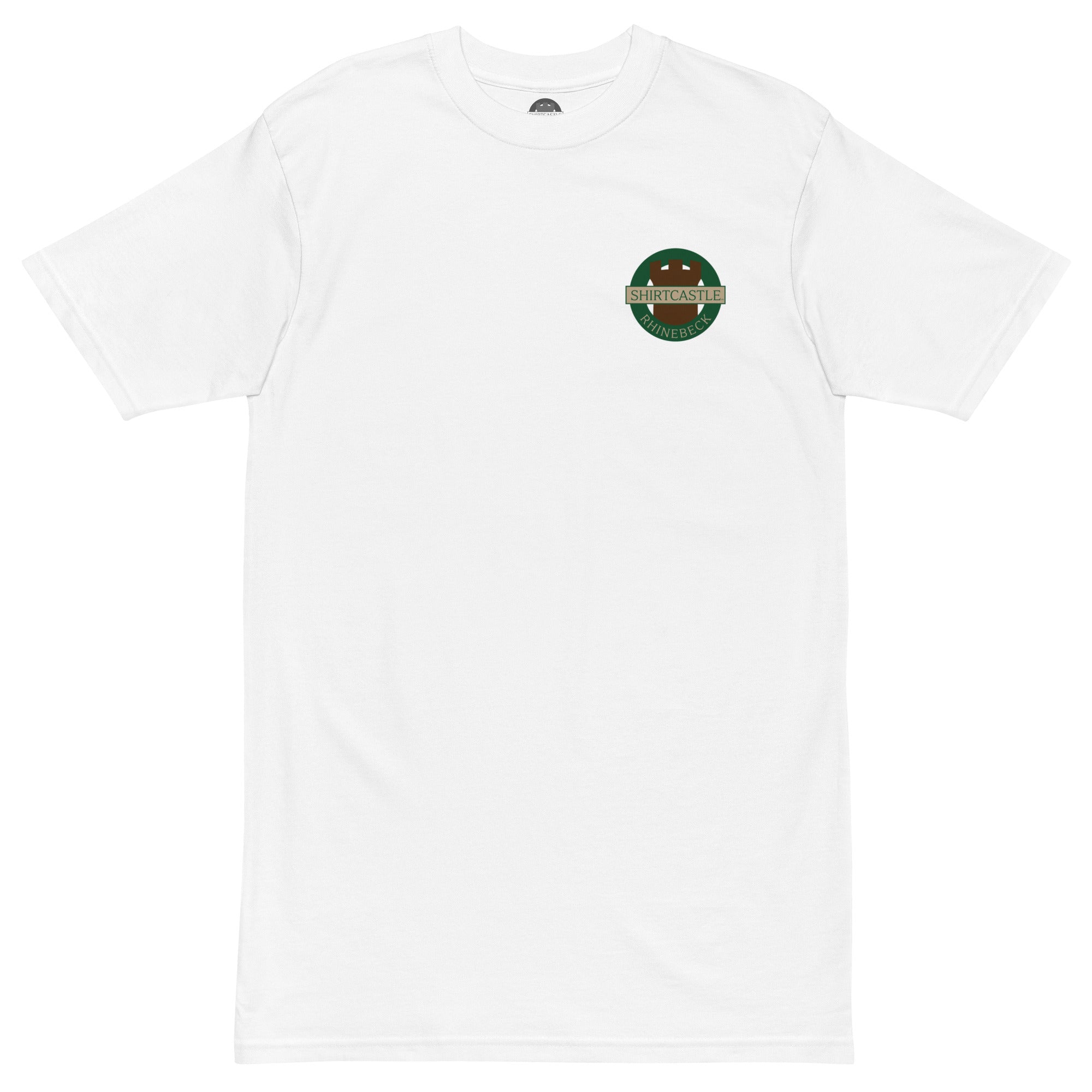 White 80s style t-shirt with a logo on the chest against a white background