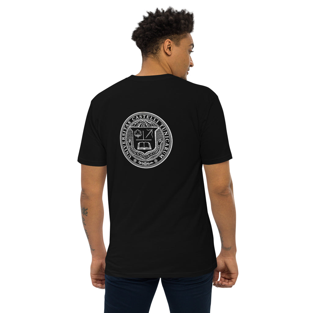 A man viewed from the back wearing a black short-sleeve t-shirt with a circular white University of ShirtCastle graphic printed on the back with a latin slogan meaning no-plastic-in-the-body, paired with dark blue jeans, against a plain white background.