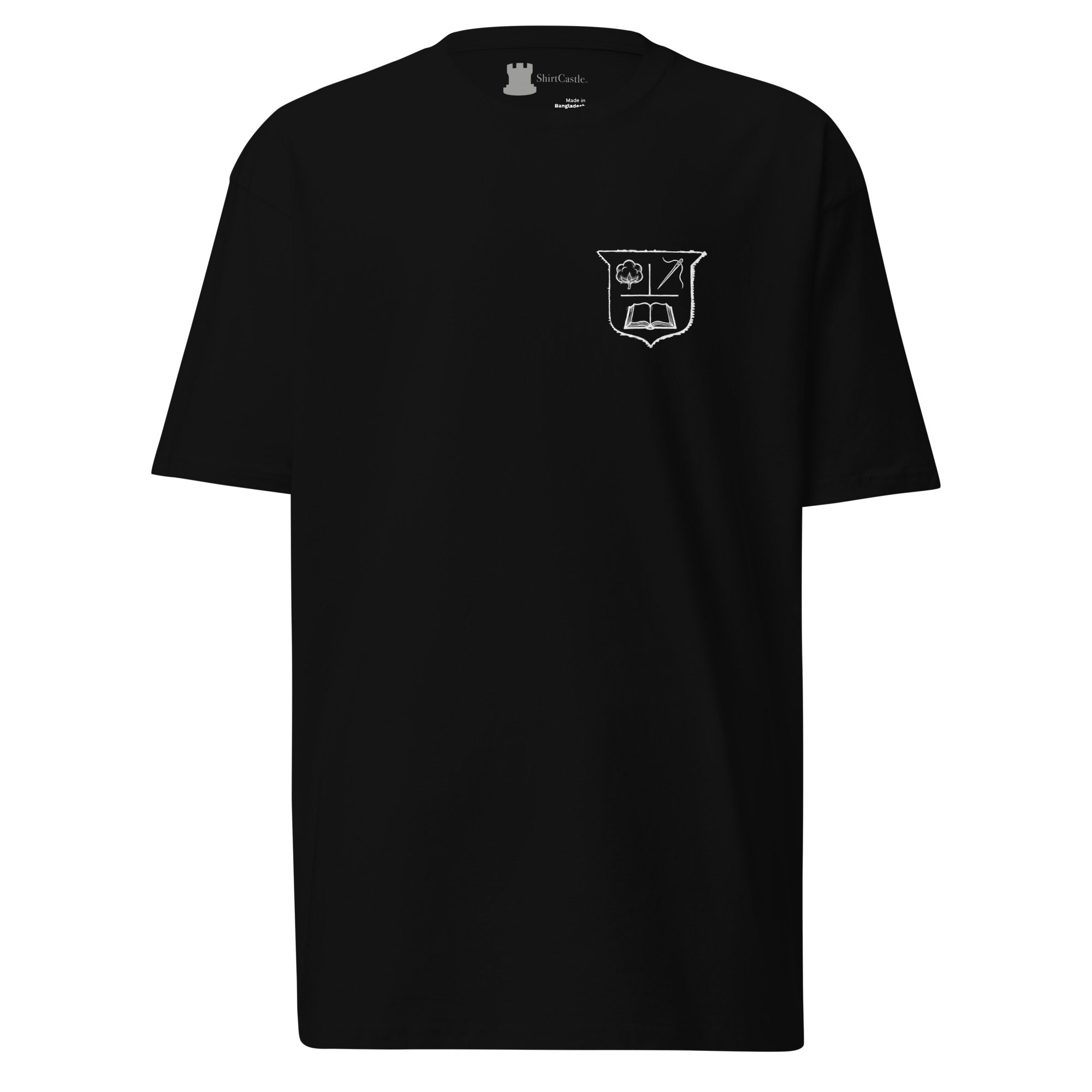 Black t-shirt with white crest on the left breast on a white background celebrating plastic-free clothing