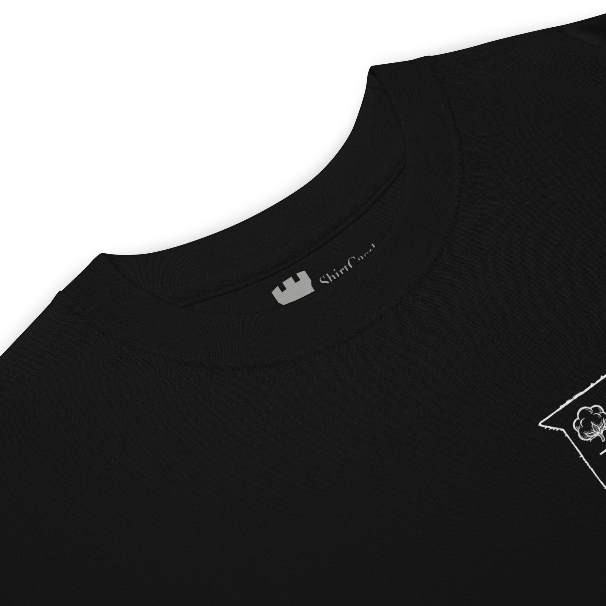 Close-up neck detail of a black t-shirt with a white crest and gray ShirtCastle neckprint