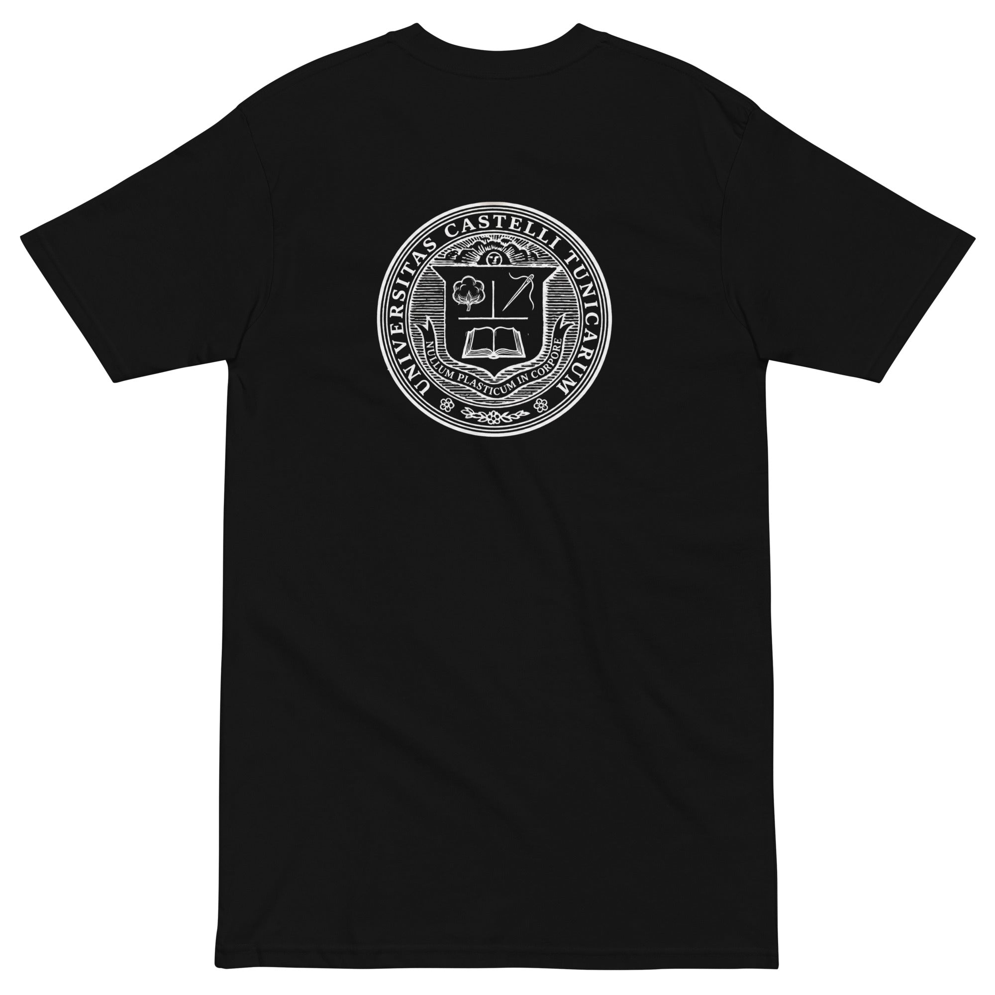 Black t-shirt with white ShirtCastle  University seal celebrating the plastic0=-free clothing creed on a white background