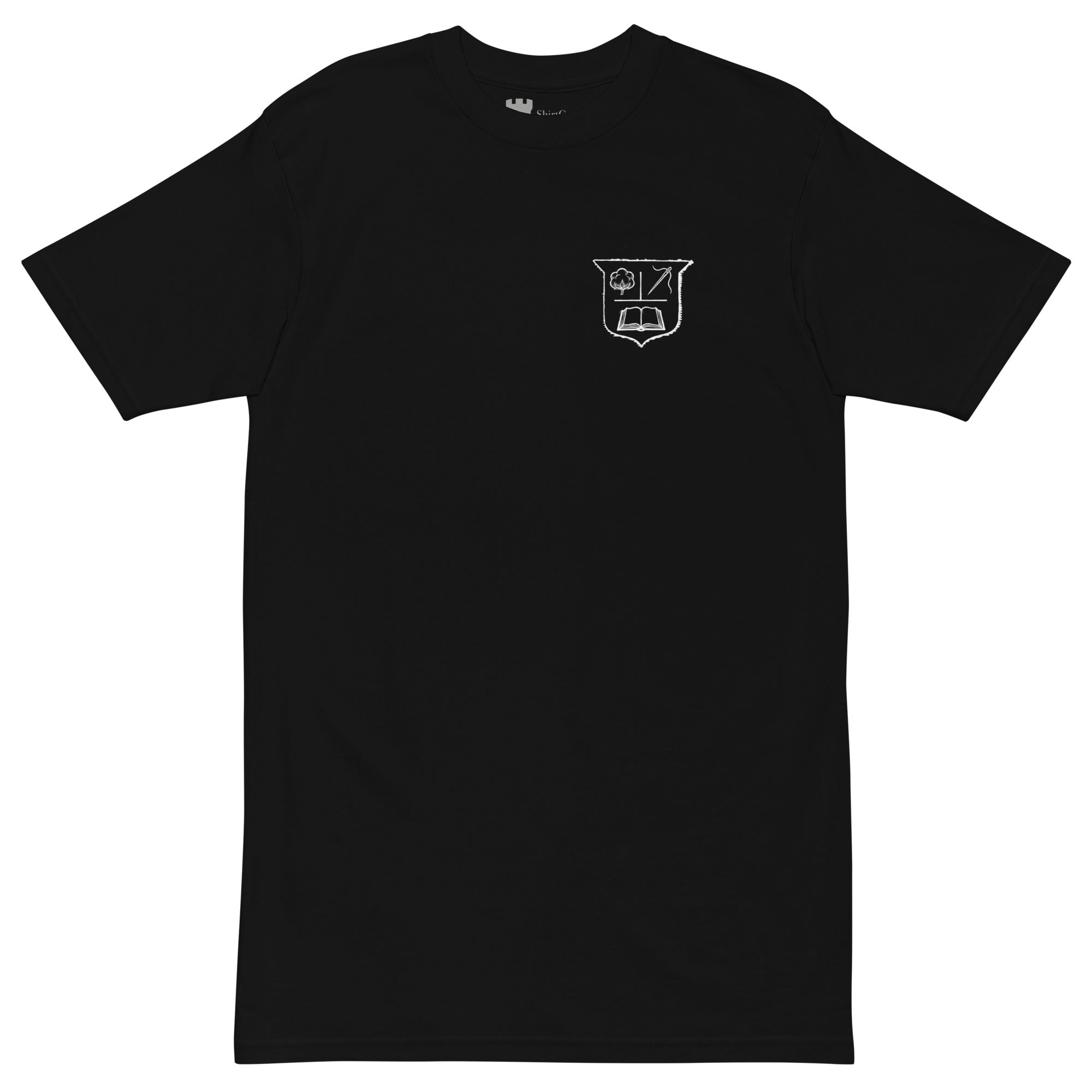 Black t-shirt with a small white crest on a white background