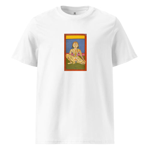 White t-shirt with a colorful graphic of a seated figure on a white background