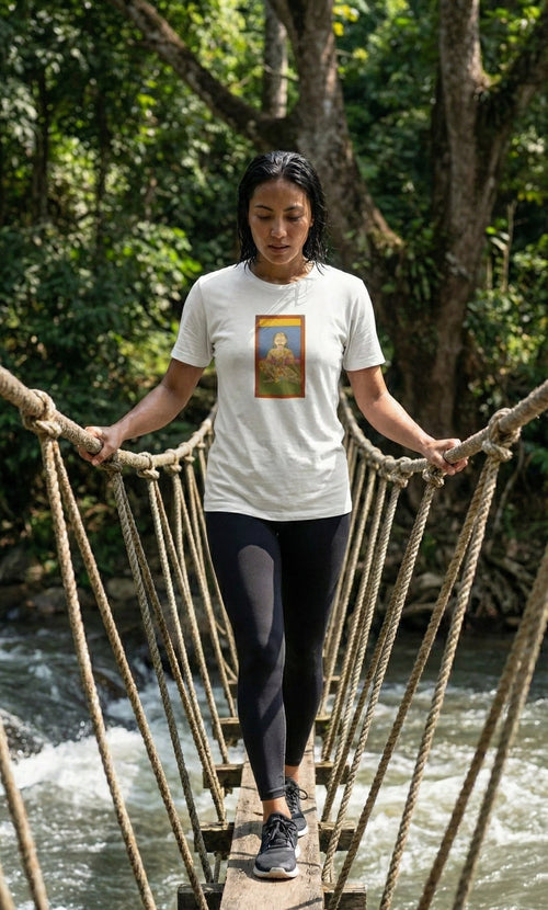 Person standing on a rope bridge over a river with a shirtcastle t-shirt