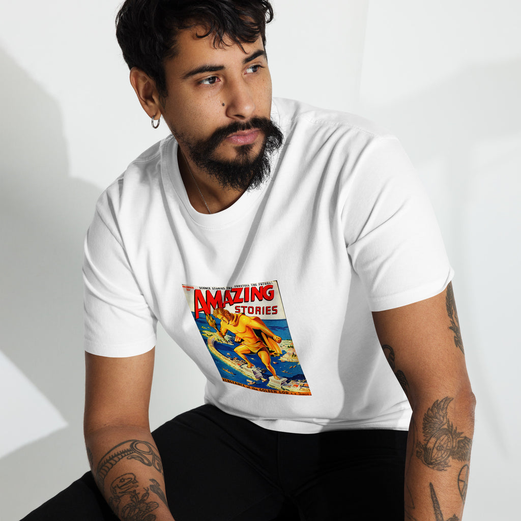 Man wearing a white t-shirt with Amazing Stories graphic design on a plain background